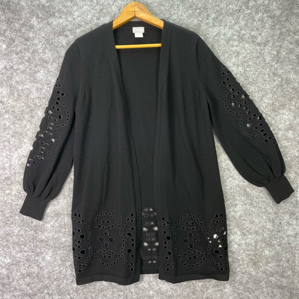 Chicos Sweater Womens Small Black Open Front Cardigan Eyelet Cutout Duster